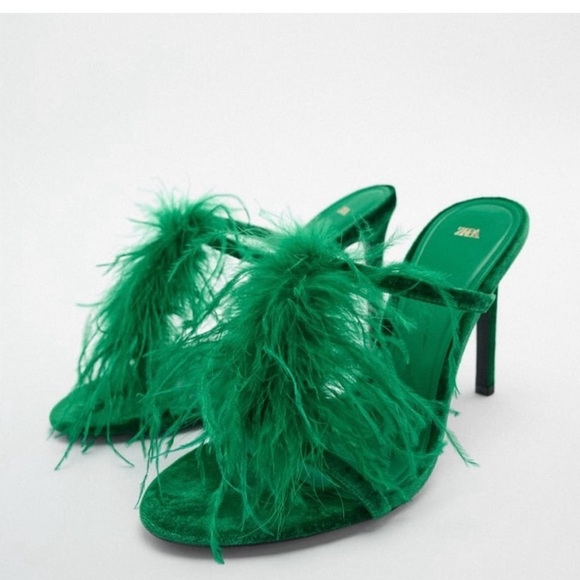 Shoes - Zara velvet  Green Feathered Women's Heels NWOT